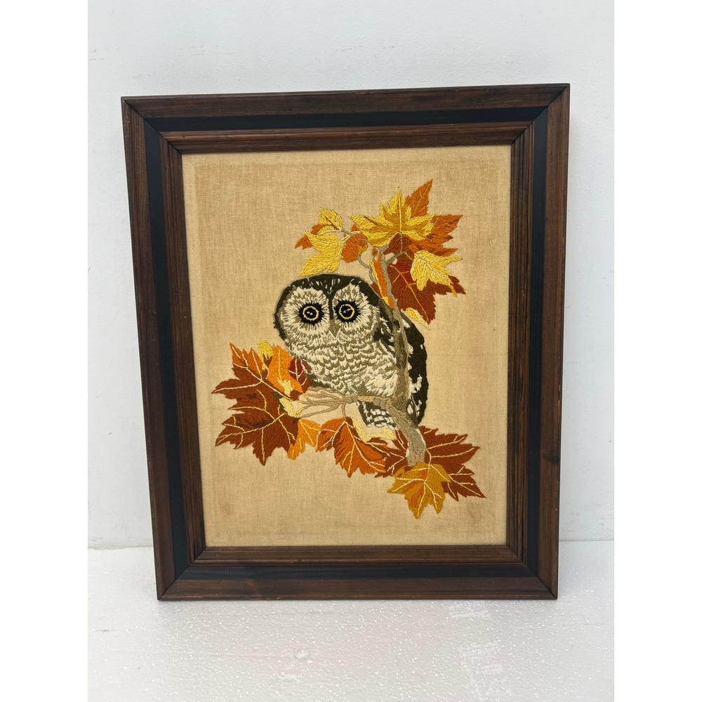 Vintage Owl Crewel Embroidery Wall Art Framed Autumn Leaves Handmade Mid Century
